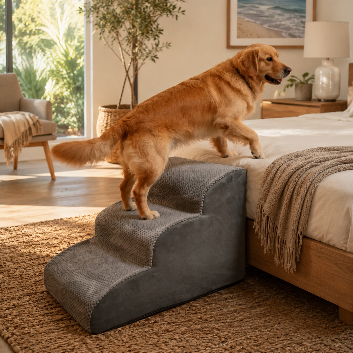Orthopedic Foam Pet Stairs with Washable Cover – Safe 2, 3, & 4 Tier Dog Ramp for Bed & Couch Access, Gentle Slope for Puppies, Small Breeds, and Senior Pets Needing Joint Relief (Beige, 3Tier)