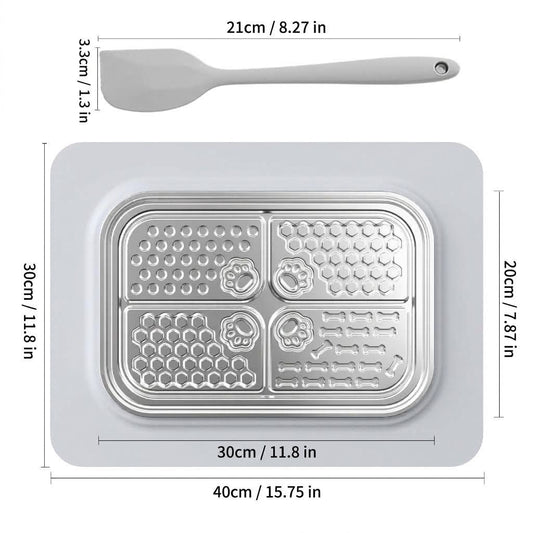 Slow Feeder Licking Mat for Pets with Stainless Steel Tray, Anti-Slip Silicone Base, and Spatula – Multi-Zone Textured Surface for Dry Food, Wet Food, and Treats, Slows Down Eating to Support Healthy Digestion for Cats and Dogs (Silver)