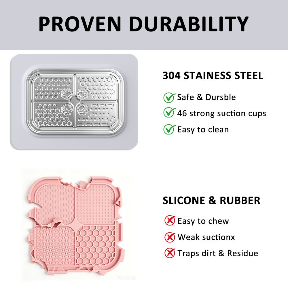 Slow Feeder Licking Mat for Pets with Stainless Steel Tray, Anti-Slip Silicone Base, and Spatula – Multi-Zone Textured Surface for Dry Food, Wet Food, and Treats, Slows Down Eating to Support Healthy Digestion for Cats and Dogs (Silver)