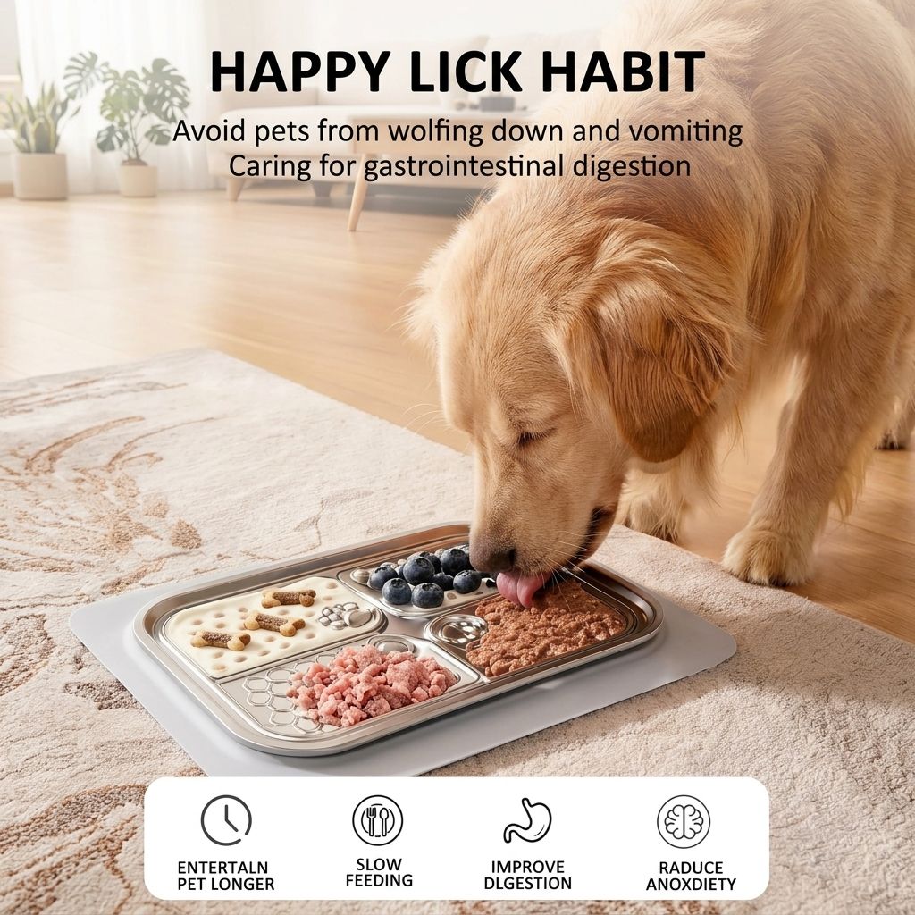 Slow Feeder Licking Mat for Pets with Stainless Steel Tray, Anti-Slip Silicone Base, and Spatula – Multi-Zone Textured Surface for Dry Food, Wet Food, and Treats, Slows Down Eating to Support Healthy Digestion for Cats and Dogs (Silver)