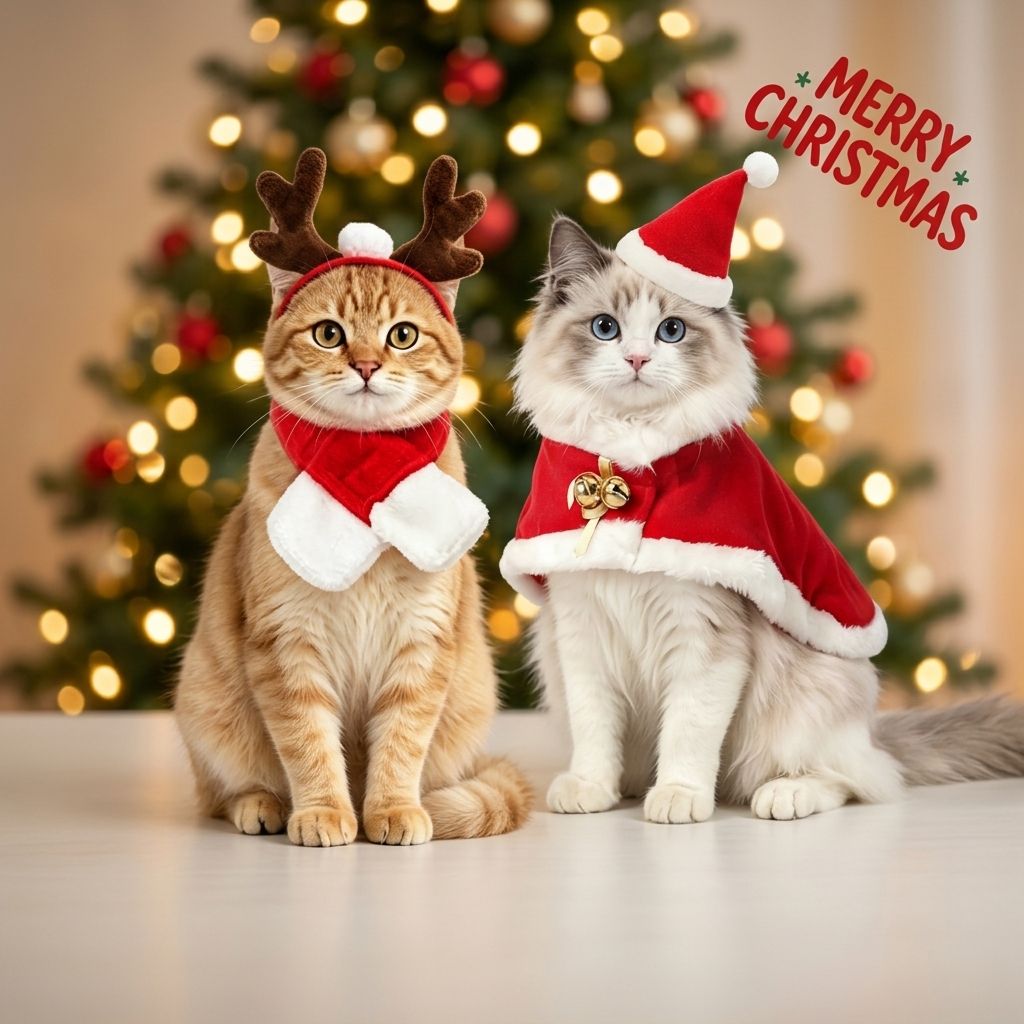 Christmas Pet Costume Set with Reindeer Antler Headband Santa Hat Scarf and Cape for Small Cats and Dogs Holiday Photo Outfit (Cape+Antlers+Hat+Scarf)