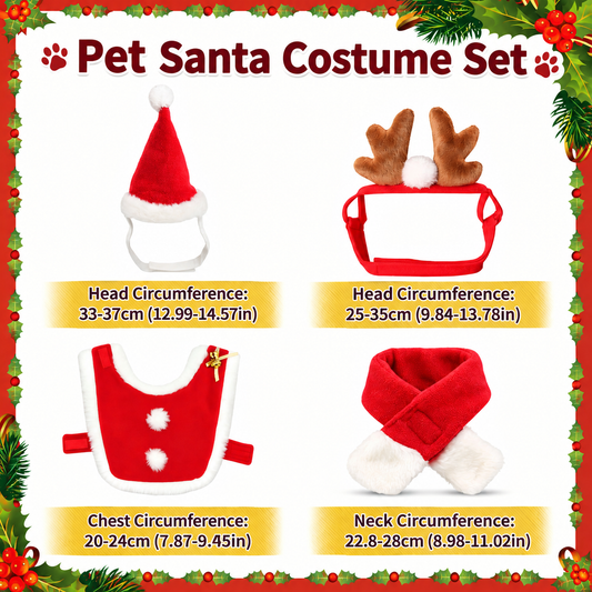 Additional product view: Christmas Pet Costume Set with Reindeer Antler Headband Santa Hat Scarf and Cape for Small Cats and Dogs