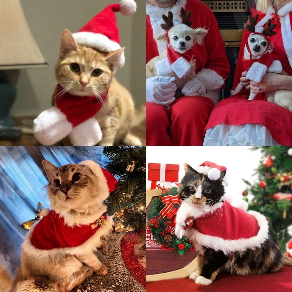 Christmas Pet Costume Set with Reindeer Antler Headband Santa Hat Scarf and Cape for Small Cats and Dogs Holiday Photo Outfit (Cape+Antlers+Hat+Scarf)