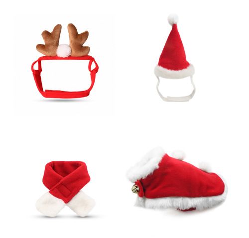 Christmas Pet Costume Set with Reindeer Antler Headband Santa Hat Scarf and Cape for Small Cats and Dogs Holiday Photo Outfit (Cape+Antlers+Hat+Scarf)