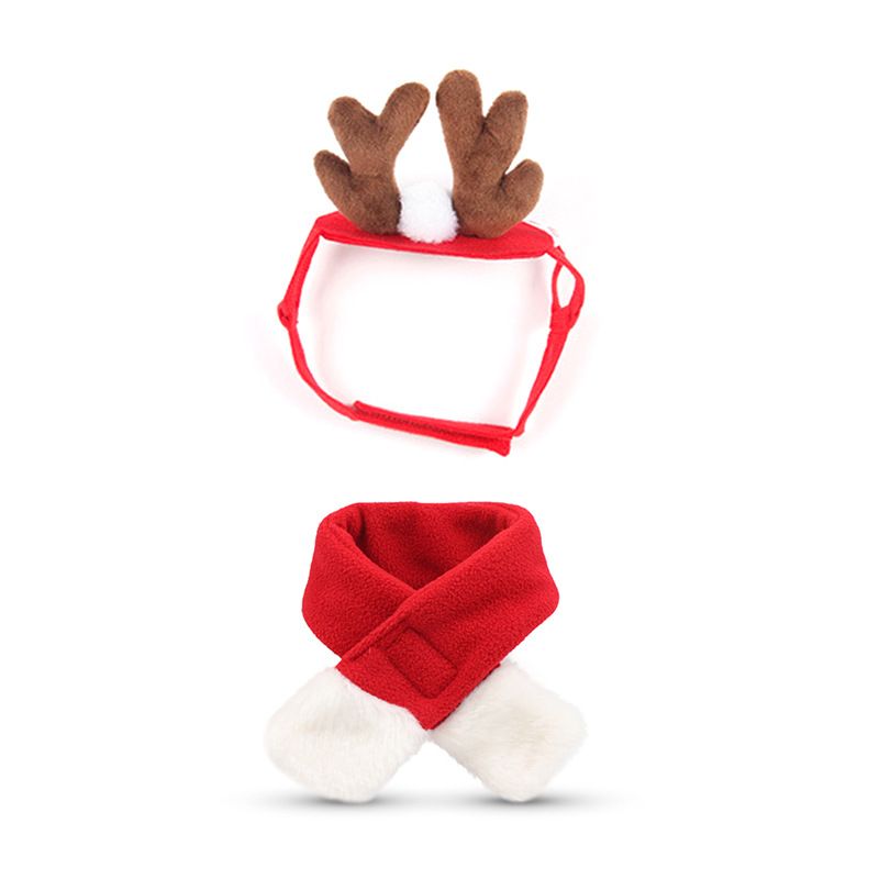 Christmas Pet Costume Set with Reindeer Antler Headband Santa Hat Scarf and Cape for Small Cats and Dogs Holiday Photo Outfit (Cape+Antlers+Hat+Scarf)