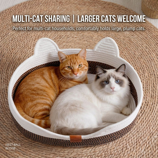 Handwoven Cotton Rope Cat Bed with Adorable Cat-Ear Design, Breathable Oval Nest with Front Opening for Easy Access, Available in Two Chic Colorways and Sizes, Perfect for Indoor Lounging and Playtime for Kittens and Adult Cats Alike (S, Dark Brown Cat Be