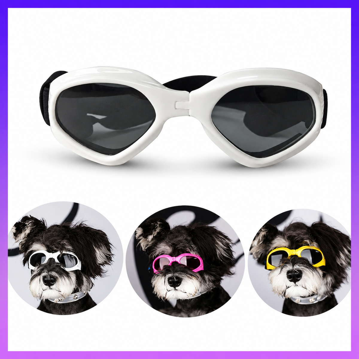 Foldable Pet Sunglasses for Small Dogs and Cats with UV Protection and Windproof Lens, Adjustable Elastic Strap Eye Wear for Car Rides, Outdoor Walks, Bike Rides and Photo Shoots (White)