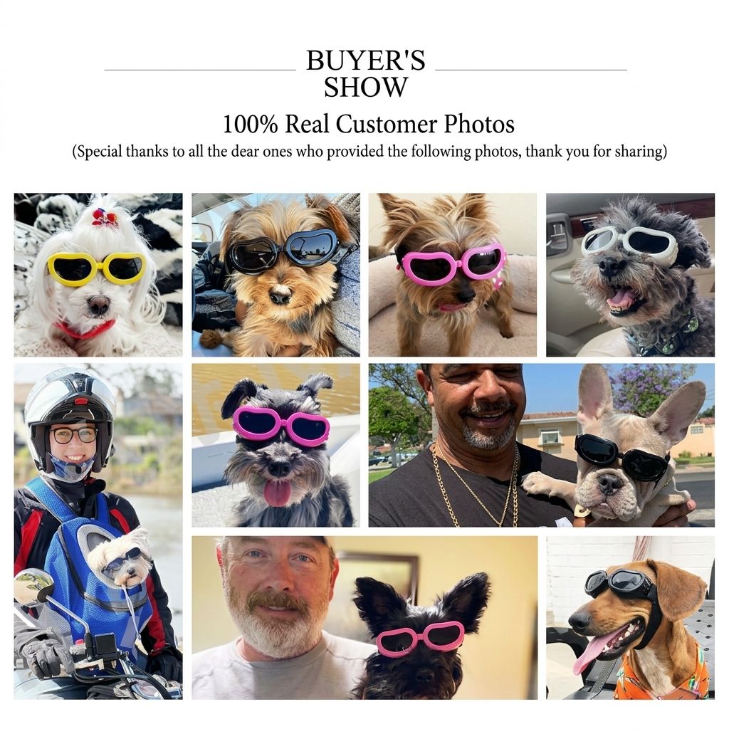 Foldable Pet Sunglasses for Small Dogs and Cats with UV Protection and Windproof Lens, Adjustable Elastic Strap Eye Wear for Car Rides, Outdoor Walks, Bike Rides and Photo Shoots (White)