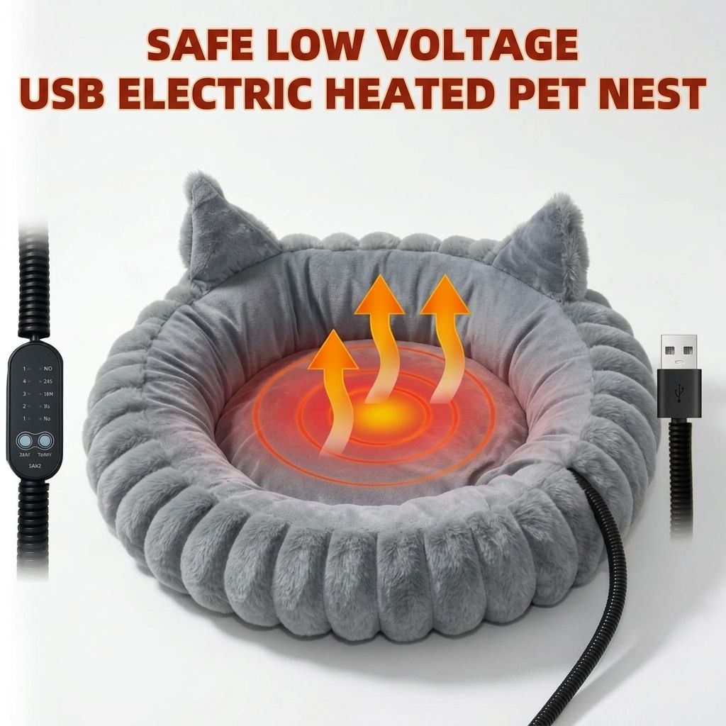 USB-Powered Heated Pet Bed with Plush Fur, Adjustable Thermostat & Timer, Foldable Round Cat Cave for Small Dogs, Kittens, and Rabbits – Cozy Winter Warmth for Home, Floor, Bed, or Car Travel (Grey)
