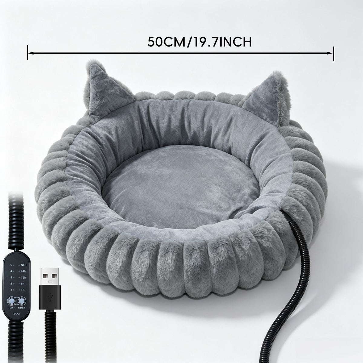 USB-Powered Heated Pet Bed with Plush Fur, Adjustable Thermostat & Timer, Foldable Round Cat Cave for Small Dogs, Kittens, and Rabbits – Cozy Winter Warmth for Home, Floor, Bed, or Car Travel (Grey)