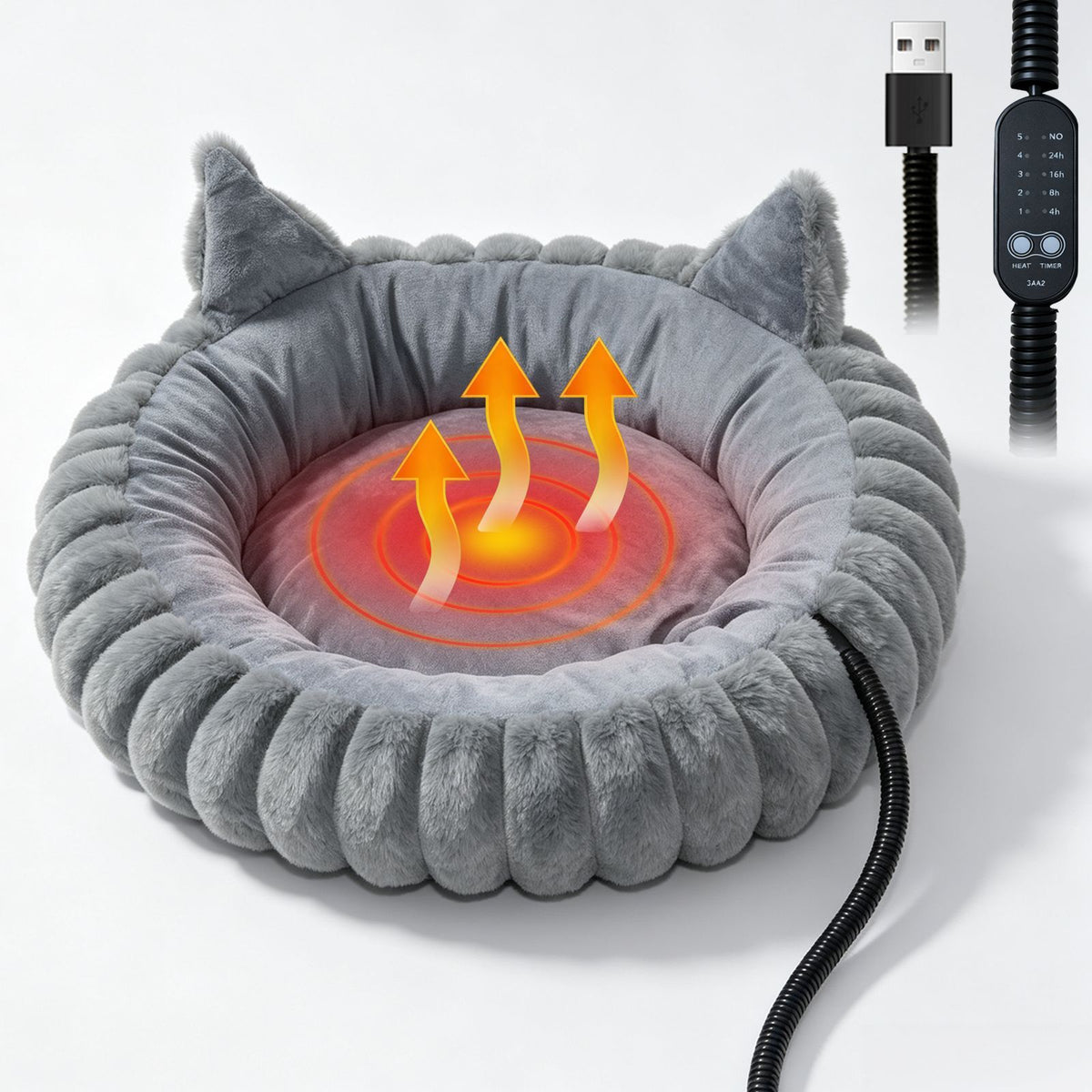 USB-Powered Heated Pet Bed with Plush Fur, Adjustable Thermostat & Timer, Foldable Round Cat Cave for Small Dogs, Kittens, and Rabbits – Cozy Winter Warmth for Home, Floor, Bed, or Car Travel (Grey)