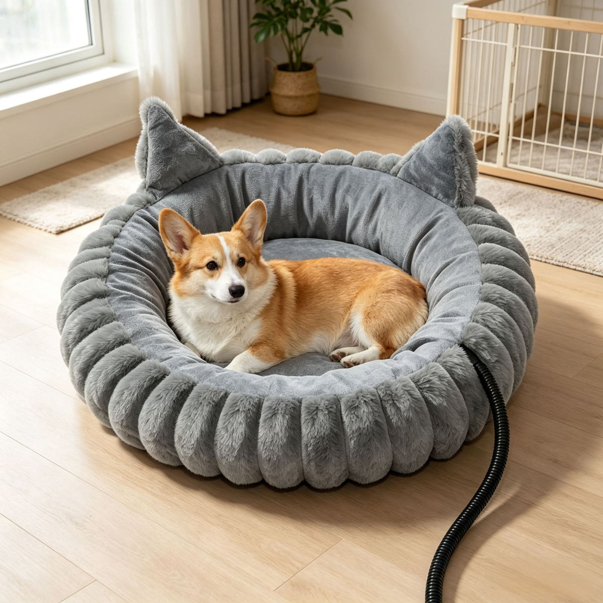 USB-Powered Heated Pet Bed with Plush Fur, Adjustable Thermostat & Timer, Foldable Round Cat Cave for Small Dogs, Kittens, and Rabbits – Cozy Winter Warmth for Home, Floor, Bed, or Car Travel (Grey)