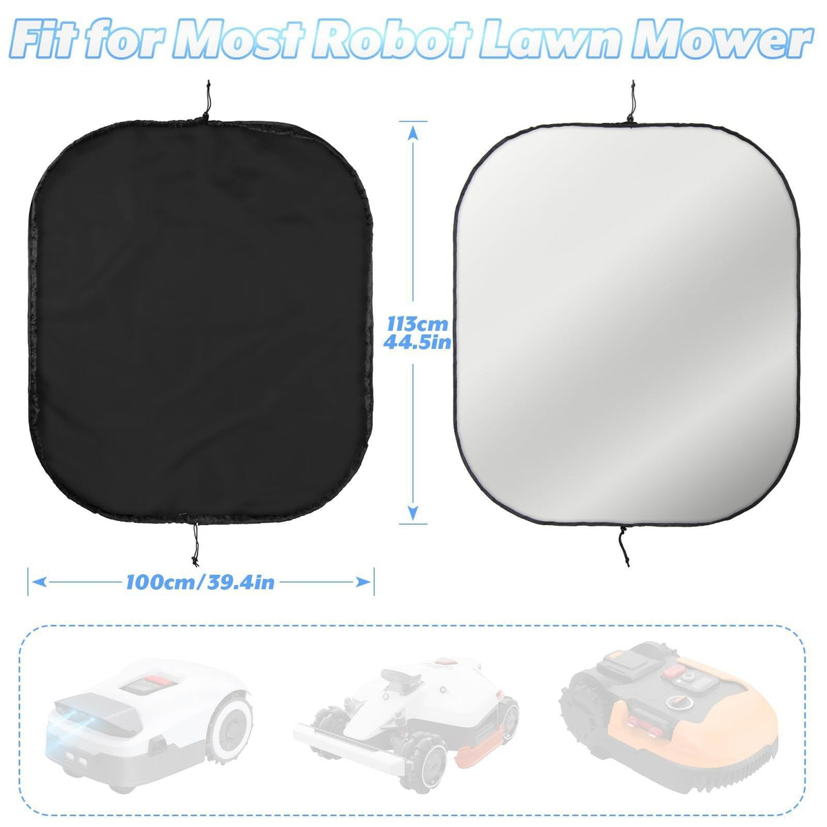Weatherproof Robot Mower Cover with Drawstring Closure, UV-Resistant Oxford Fabric Protective Shell for Outdoor Storage, Fits Most Automatic Lawn Mowers with Zippered Carry Bag for Convenient Storage (420D(44.5"×39.4"))