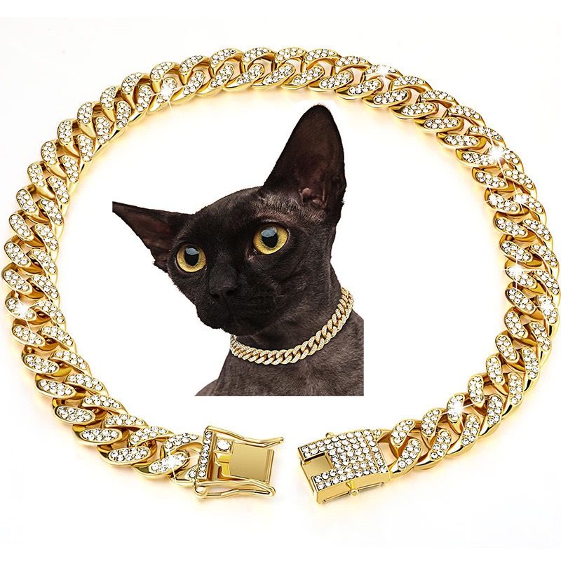 Sparkling Diamond-Studded Cuban Chain Pet Collar – Hip-Hop Bling Necklace for Cats and Small Dogs, Adjustable Fit, Gold, Silver, Rose Gold, or Pink Crystal Accents, Bold Fashion Statement for Your Furry Trendsetter (Gold, 25cm（10in）)