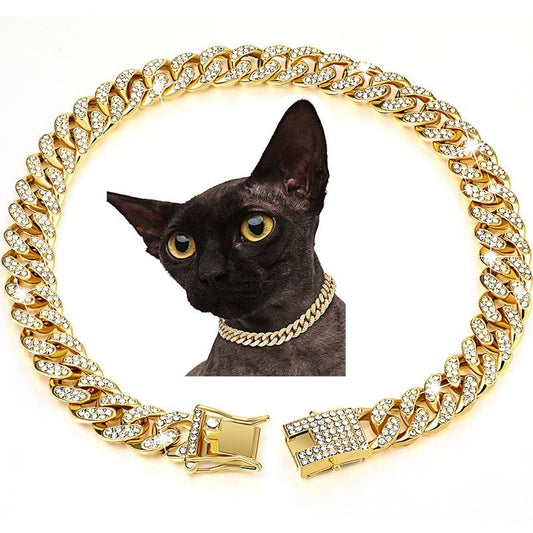 Sparkling Diamond-Studded Cuban Chain Pet Collar – Hip-Hop Bling Necklace for Cats and Small Dogs, Adjustable Fit, Gold, Silver, Rose Gold, or Pink Crystal Accents, Bold Fashion Statement for Your Furry Trendsetter (Gold, 35cm（14in）)