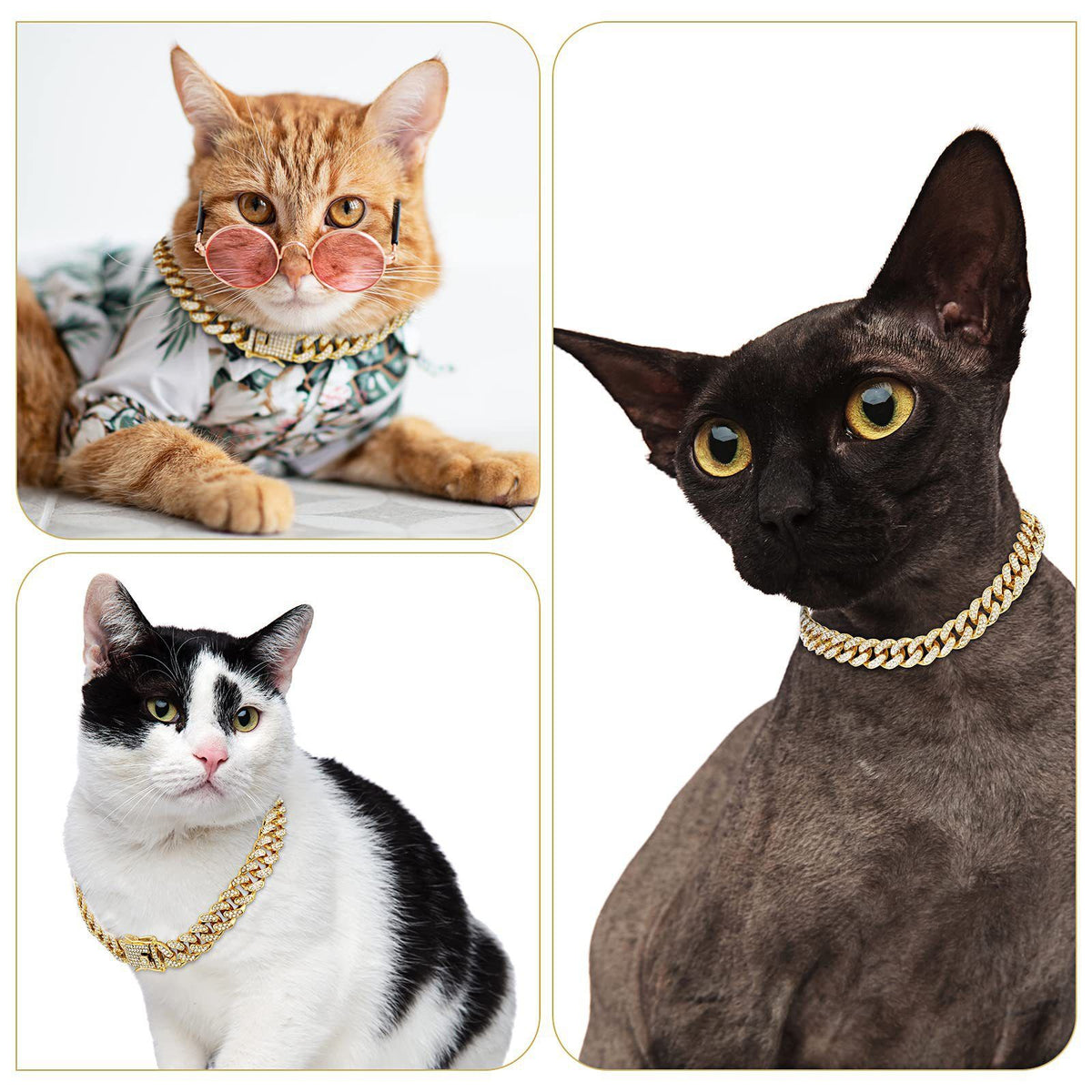 Sparkling Diamond-Studded Cuban Chain Pet Collar – Hip-Hop Bling Necklace for Cats and Small Dogs, Adjustable Fit, Gold, Silver, Rose Gold, or Pink Crystal Accents, Bold Fashion Statement for Your Furry Trendsetter (Gold, 35cm（14in）)