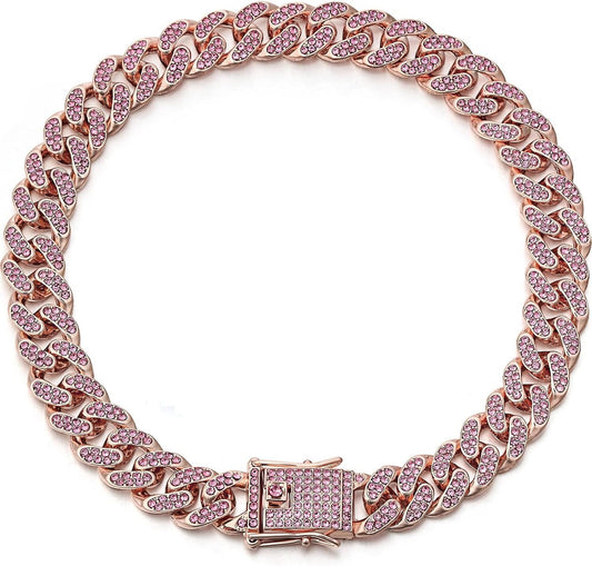 Sparkling Diamond-Studded Cuban Chain Pet Collar – Hip-Hop Bling Necklace for Cats and Small Dogs, Adjustable Fit, Gold, Silver, Rose Gold, or Pink Crystal Accents, Bold Fashion Statement for Your Furry Trendsetter (Pink, 25cm（10in）)