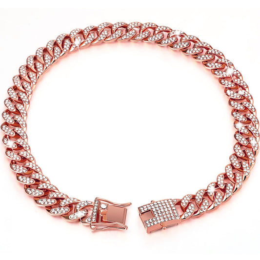 Sparkling Diamond-Studded Cuban Chain Pet Collar – Hip-Hop Bling Necklace for Cats and Small Dogs, Adjustable Fit, Gold, Silver, Rose Gold, or Pink Crystal Accents, Bold Fashion Statement for Your Furry Trendsetter (RoseGold, 45cm（18in）)