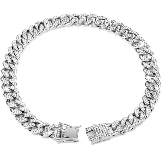 Sparkling Diamond-Studded Cuban Chain Pet Collar – Hip-Hop Bling Necklace for Cats and Small Dogs, Adjustable Fit, Gold, Silver, Rose Gold, or Pink Crystal Accents, Bold Fashion Statement for Your Furry Trendsetter (Silver, 20cm（18in）)