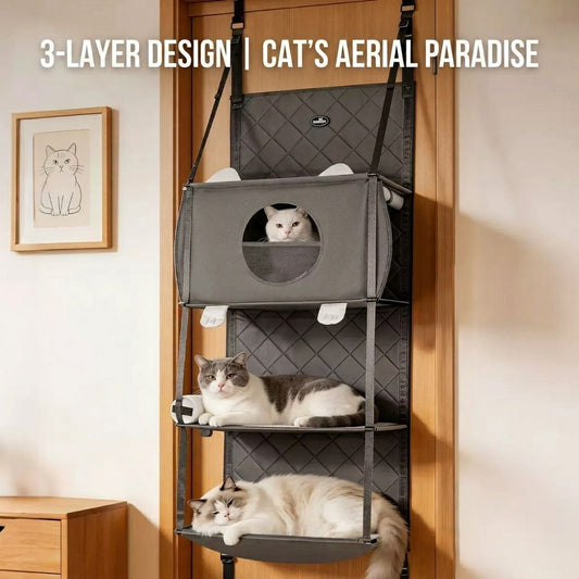 Product image: Space-Saving Door Hanging Cat Shelves with Cozy Enclosed Condo and Open Lounging Platforms, a Four-Tier Vertical
