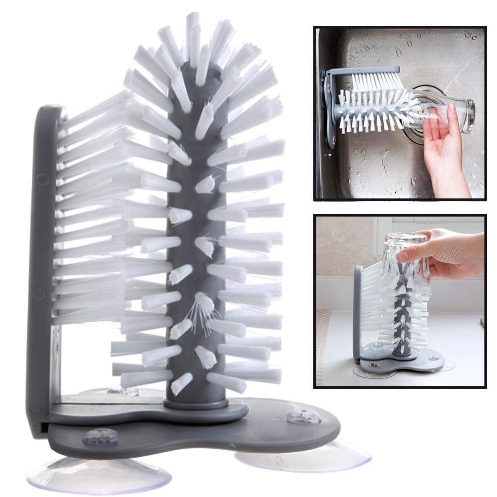 Water Bottle Cleaning Brush Glass Cup Washer with Suction Base Bristle Brush for Beer Cup, Long Leg Cup, Red Wine Glass and More