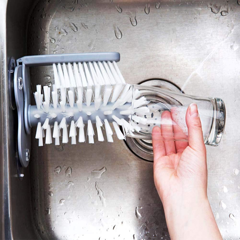 Water Bottle Cleaning Brush Glass Cup Washer with Suction Base Bristle Brush for Beer Cup, Long Leg Cup, Red Wine Glass and More