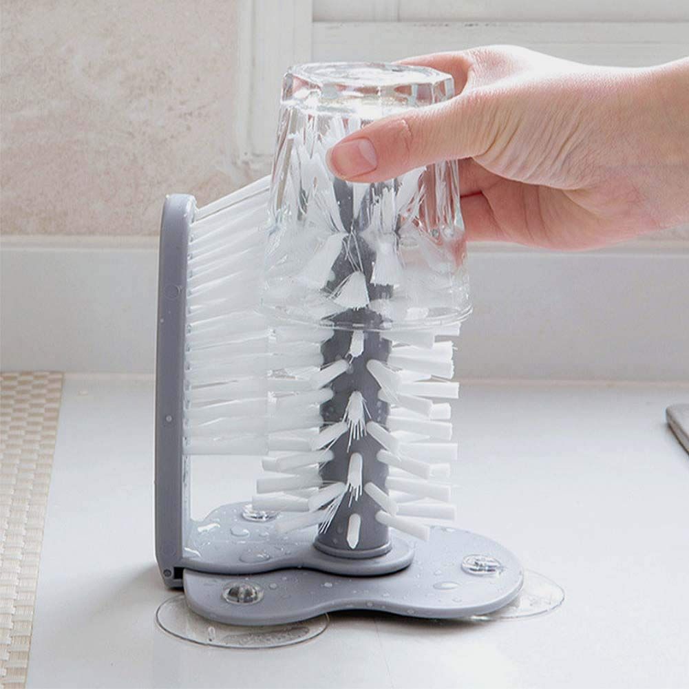 Water Bottle Cleaning Brush Glass Cup Washer with Suction Base Bristle Brush for Beer Cup, Long Leg Cup, Red Wine Glass and More