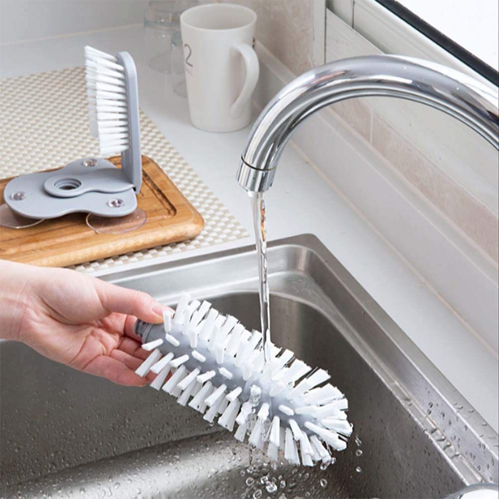 Water Bottle Cleaning Brush Glass Cup Washer with Suction Base Bristle Brush for Beer Cup, Long Leg Cup, Red Wine Glass and More