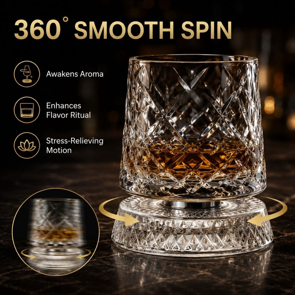 Spinning Whiskey Glasses, 360° Spinning Lead-Free Crystal Tumbler, Heavy Base Old Fashioned Glass for Bourbon, Scotch, Cocktails & Gifts for Men