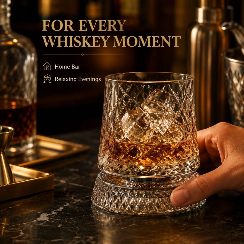 Spinning Whiskey Glasses, 360° Spinning Lead-Free Crystal Tumbler, Heavy Base Old Fashioned Glass for Bourbon, Scotch, Cocktails & Gifts for Men