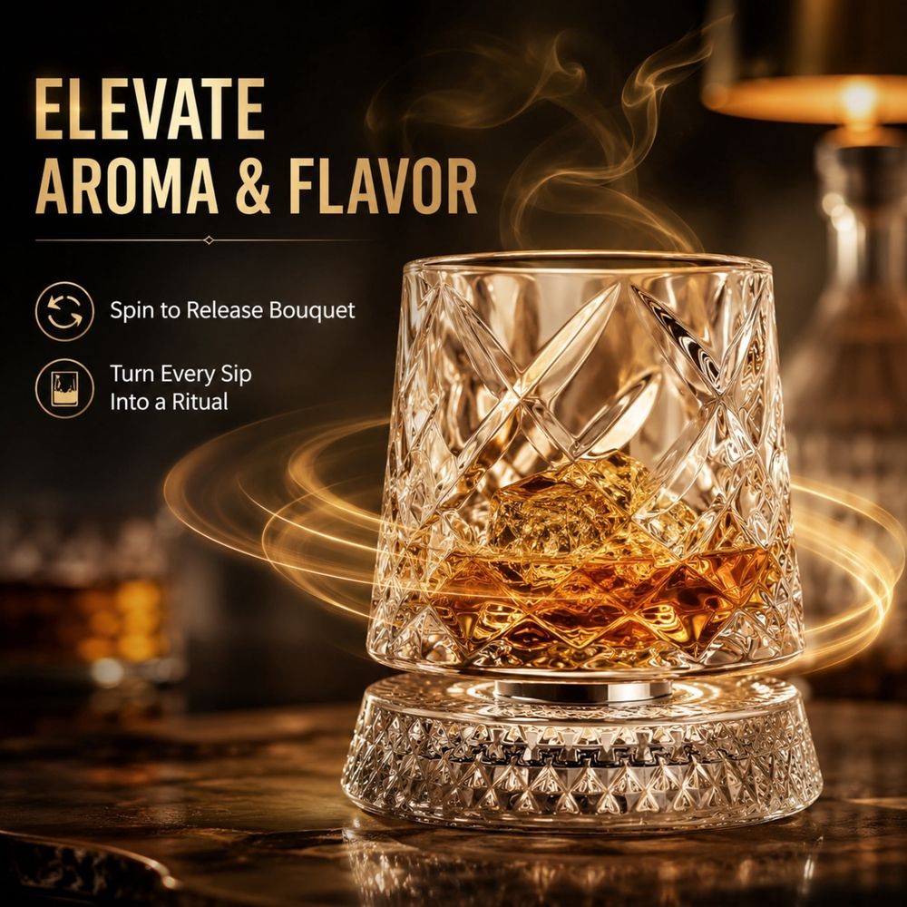 Spinning Whiskey Glasses, 360° Spinning Lead-Free Crystal Tumbler, Heavy Base Old Fashioned Glass for Bourbon, Scotch, Cocktails & Gifts for Men