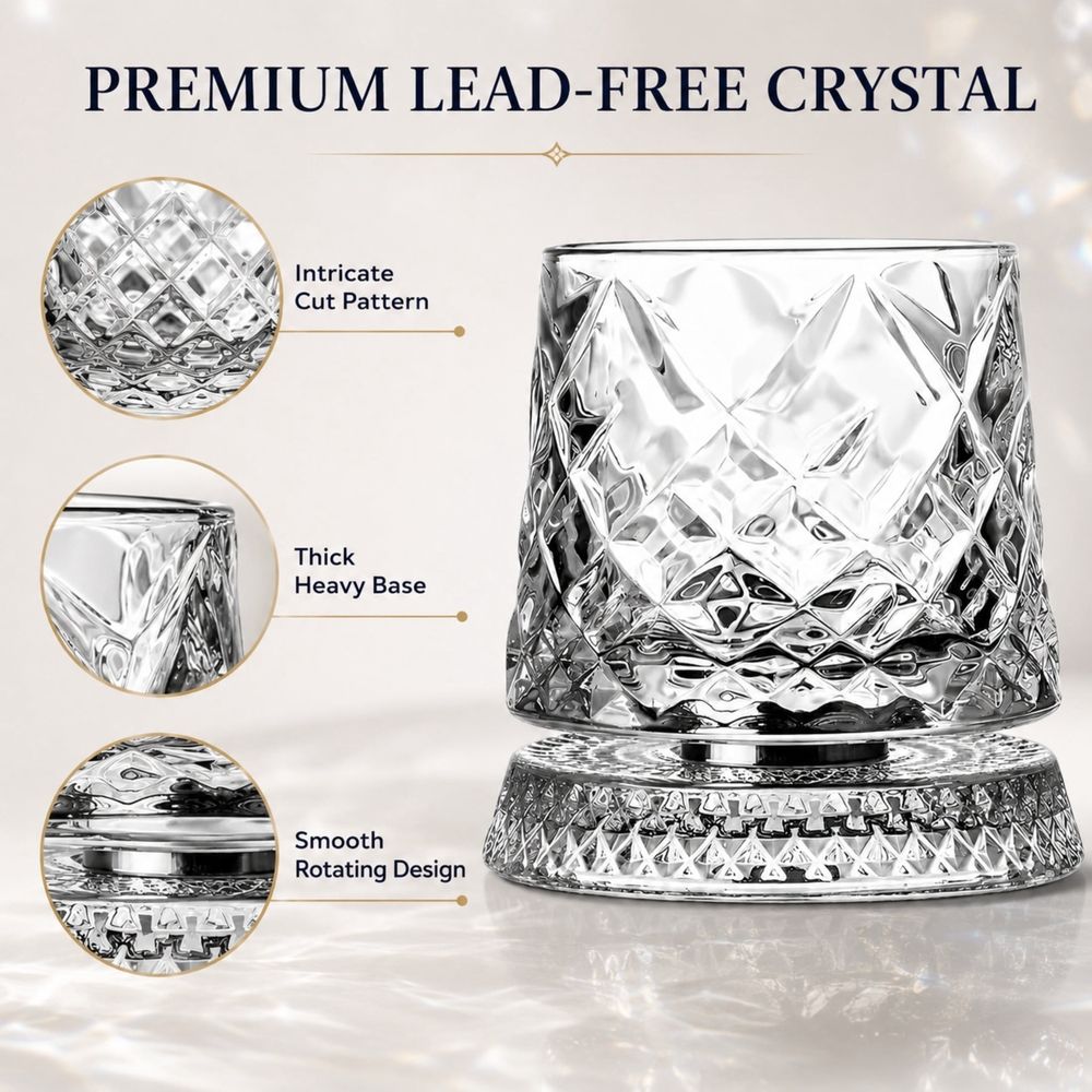Spinning Whiskey Glasses, 360° Spinning Lead-Free Crystal Tumbler, Heavy Base Old Fashioned Glass for Bourbon, Scotch, Cocktails & Gifts for Men