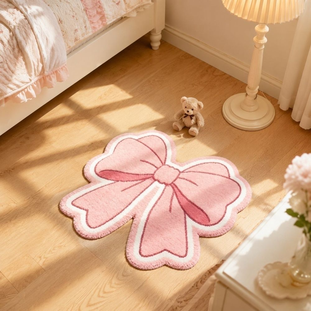 Bow Shaped Area Rug, Soft Polyester Bedroom Floor Mat with Non Slip Backing, Stain Resistant Washable Cute Carpet for Vanity Dorm Nursery Living Room