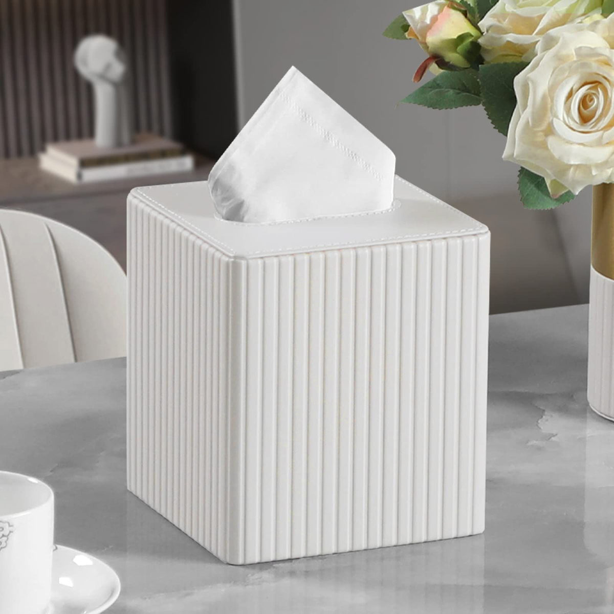 PU Leather Tissue Box Cover with Magnetic Closure, Modern Square Tissue Box Holder Decorative Organizer for Bathroom