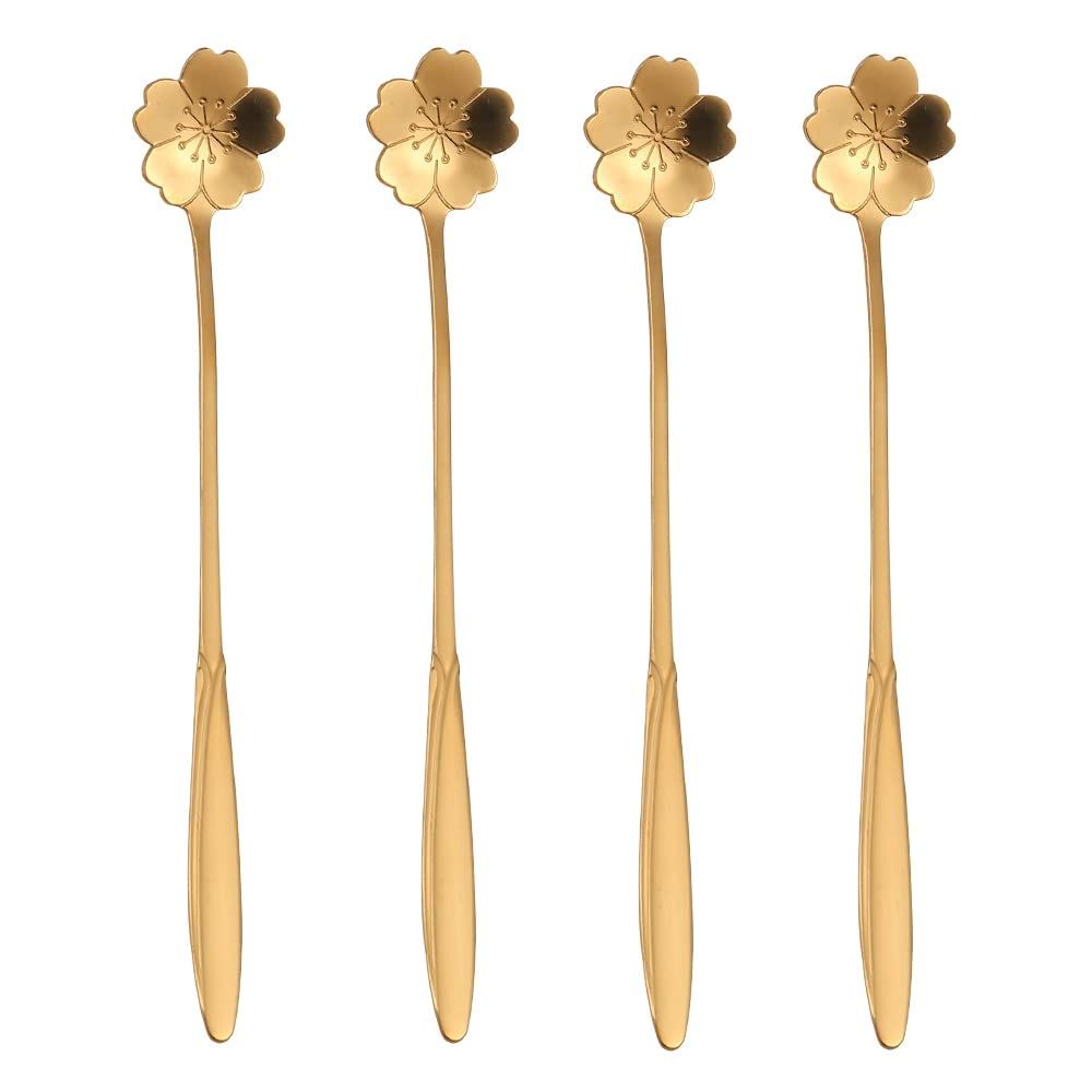 4 Pieces Flower Spoon Coffee Teaspoon 7 Inch Stainless Steel Long Handle Spoon Stir Bar Spoon Stirring Spoon
