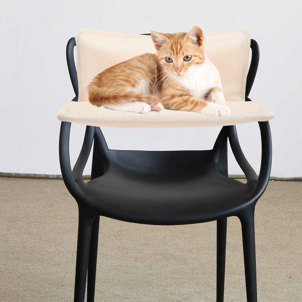 Beige foldable cat hammock with breathable mesh and wire construction