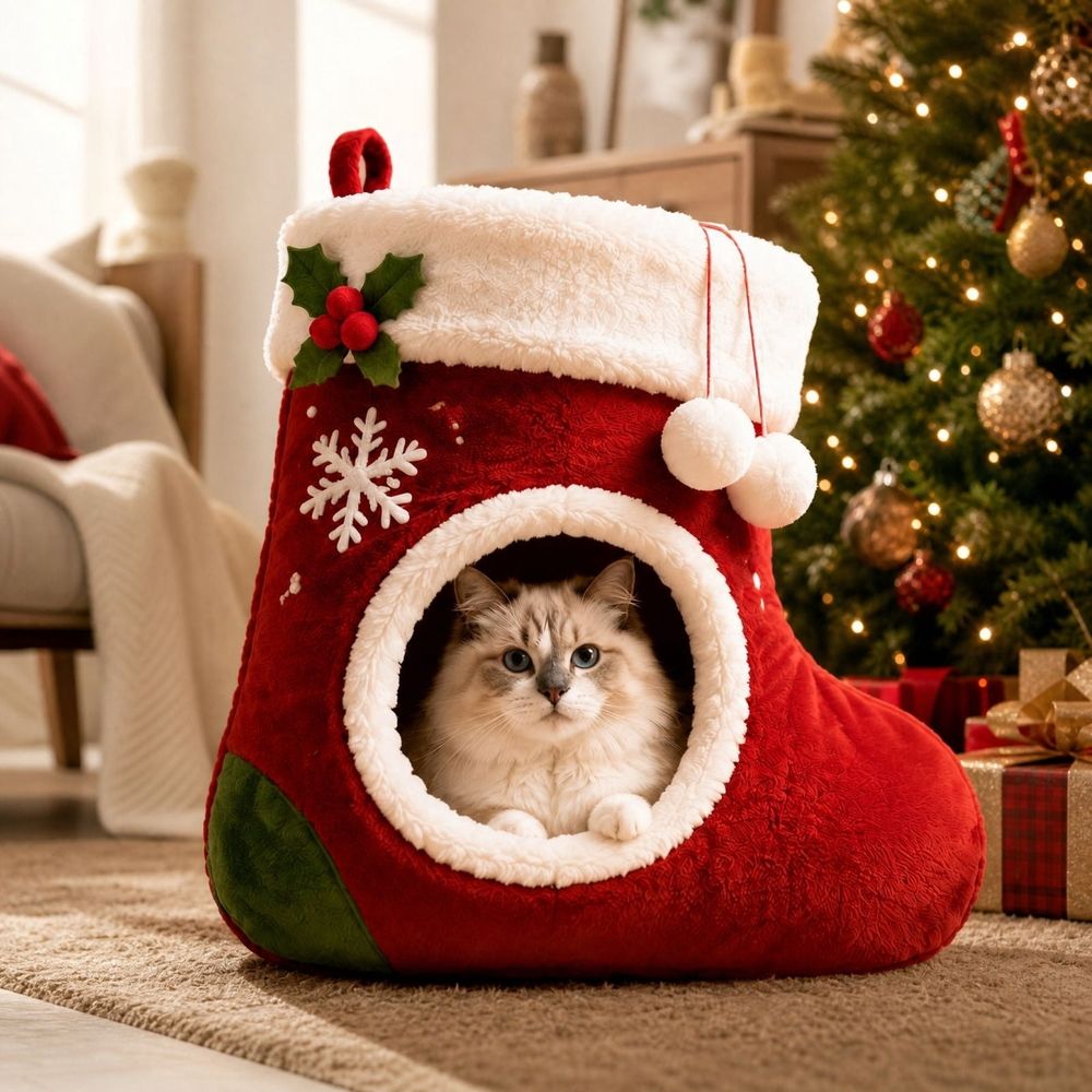 Red Christmas Stocking Plush Cat Cave Bed shown in the product image