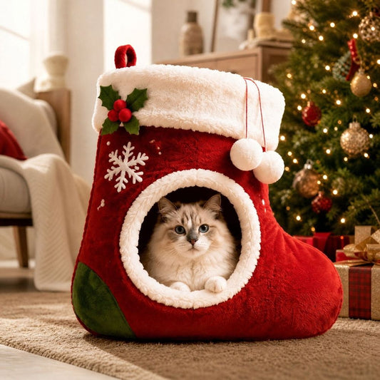 Red Christmas Stocking Plush Cat Cave Bed shown in the product image