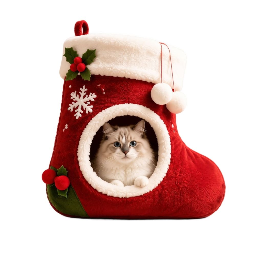 Additional product view: Red Christmas Stocking Plush Cat Cave Bed