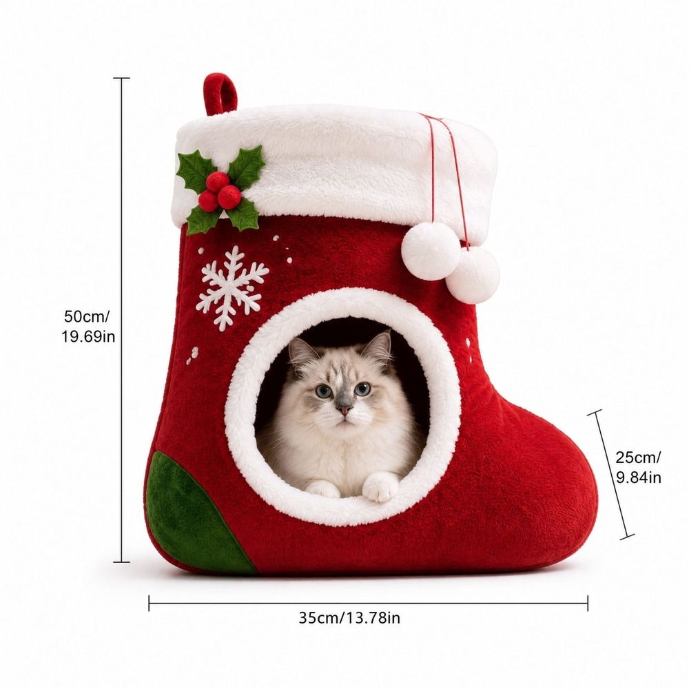 Additional product view: Red Christmas Stocking Plush Cat Cave Bed