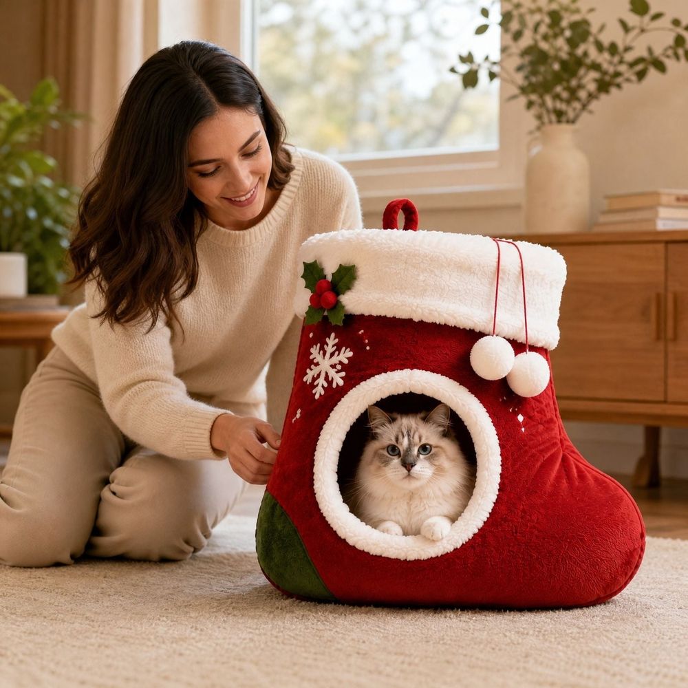 Additional product view: Red Christmas Stocking Plush Cat Cave Bed