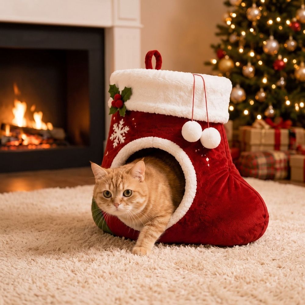 Additional product view: Red Christmas Stocking Plush Cat Cave Bed