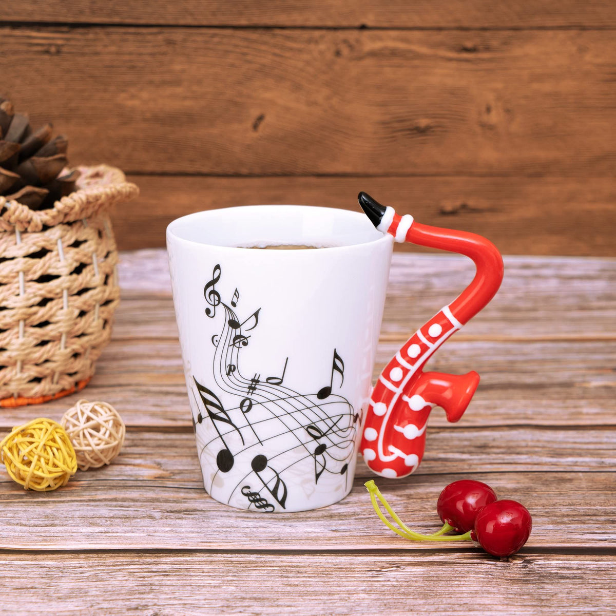 14 Ounce Sax Mug Musical Notes Coffee Mug Ceramic Saxophone Music Cup Gifts for Friend Mug Music Note Coffee(Red)