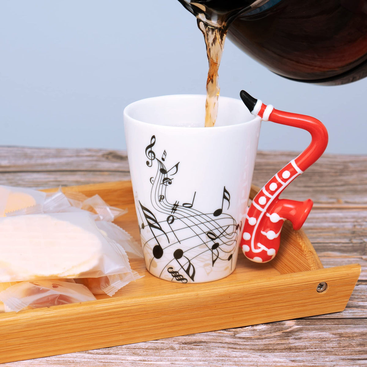 14 Ounce Sax Mug Musical Notes Coffee Mug Ceramic Saxophone Music Cup Gifts for Friend Mug Music Note Coffee(Red)