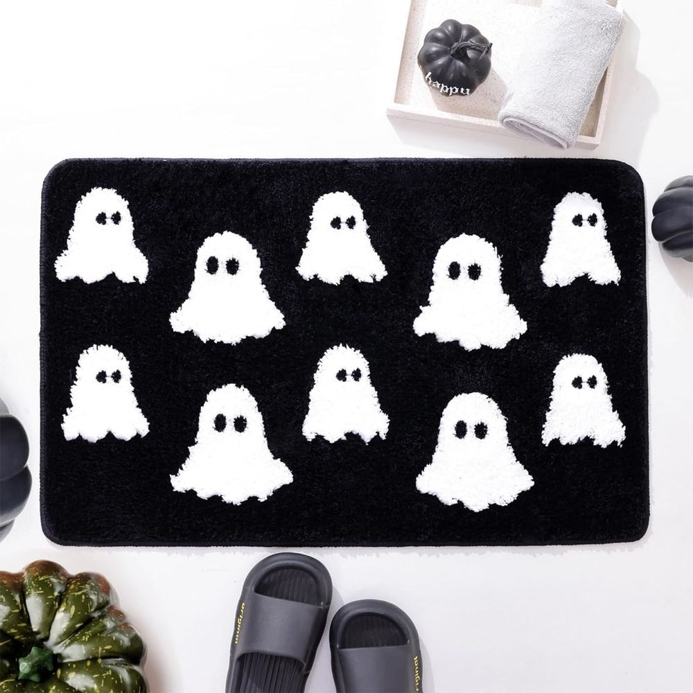 Halloween Bath Rugs, Cute White Ghost Bath Mat, Halloween Floor Mats and Rugs, Non-Slip Soft Absorbent Fall Bathroom Shower Floor Mat, Machine Washable, 23.6'x15.7'