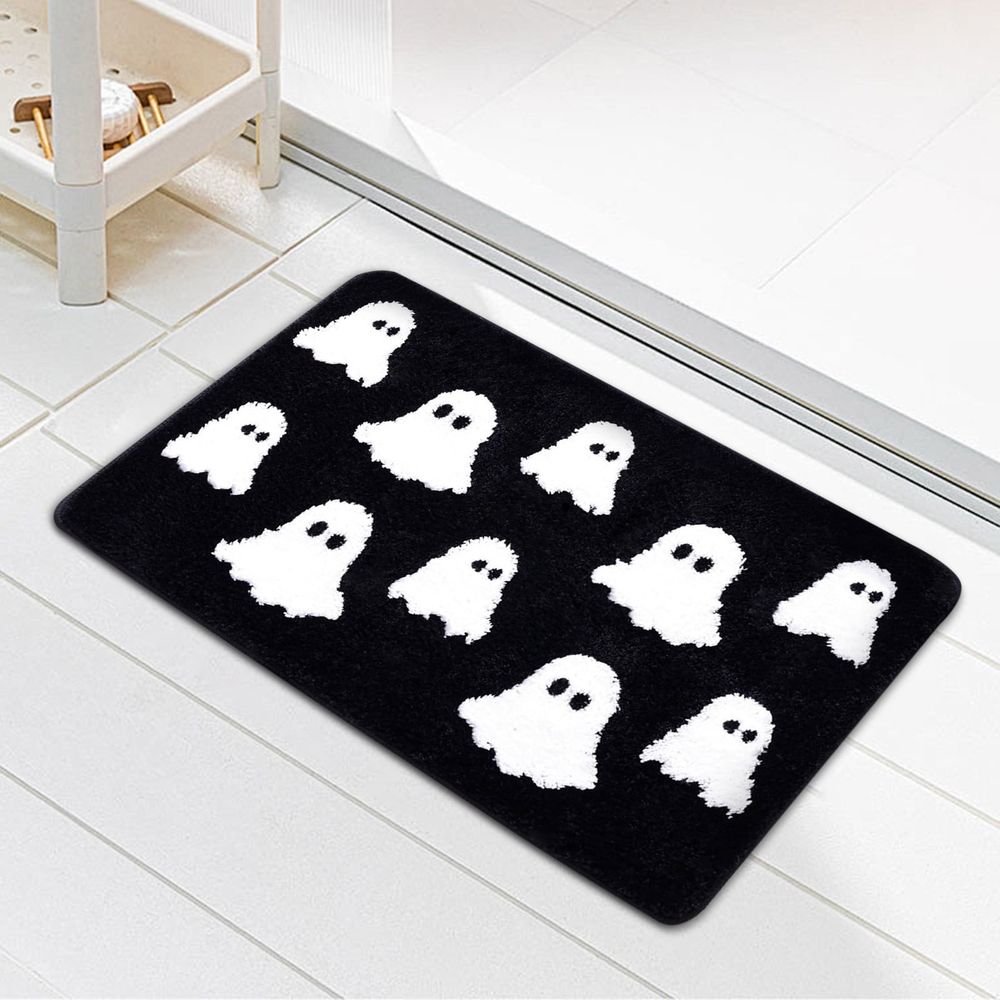 Halloween Bath Rugs, Cute White Ghost Bath Mat, Halloween Floor Mats and Rugs, Non-Slip Soft Absorbent Fall Bathroom Shower Floor Mat, Machine Washable, 23.6'x15.7'