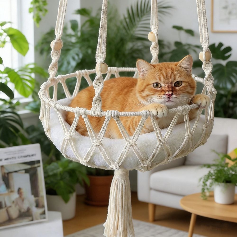 White woven cotton rope cat hammock with macrame tassels