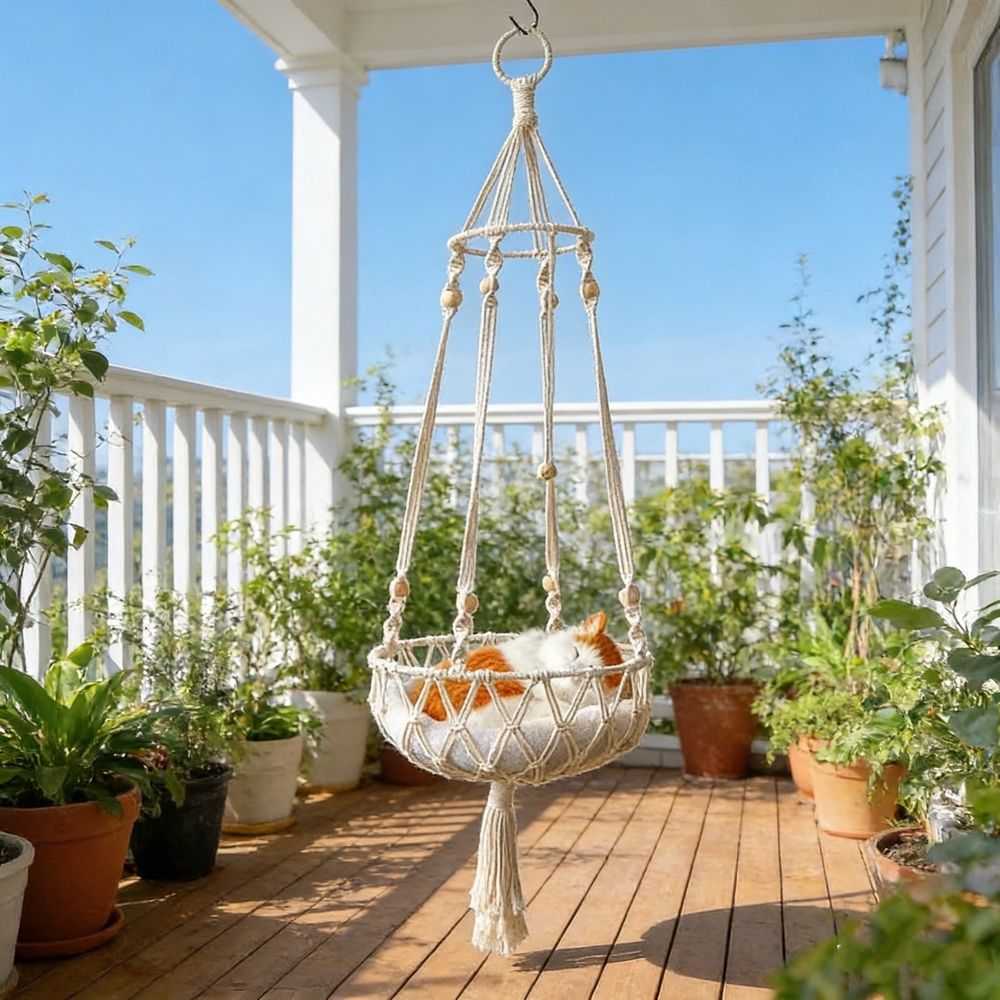 Additional product view: White Boho Macrame Hanging Cat Hammock with Tassels