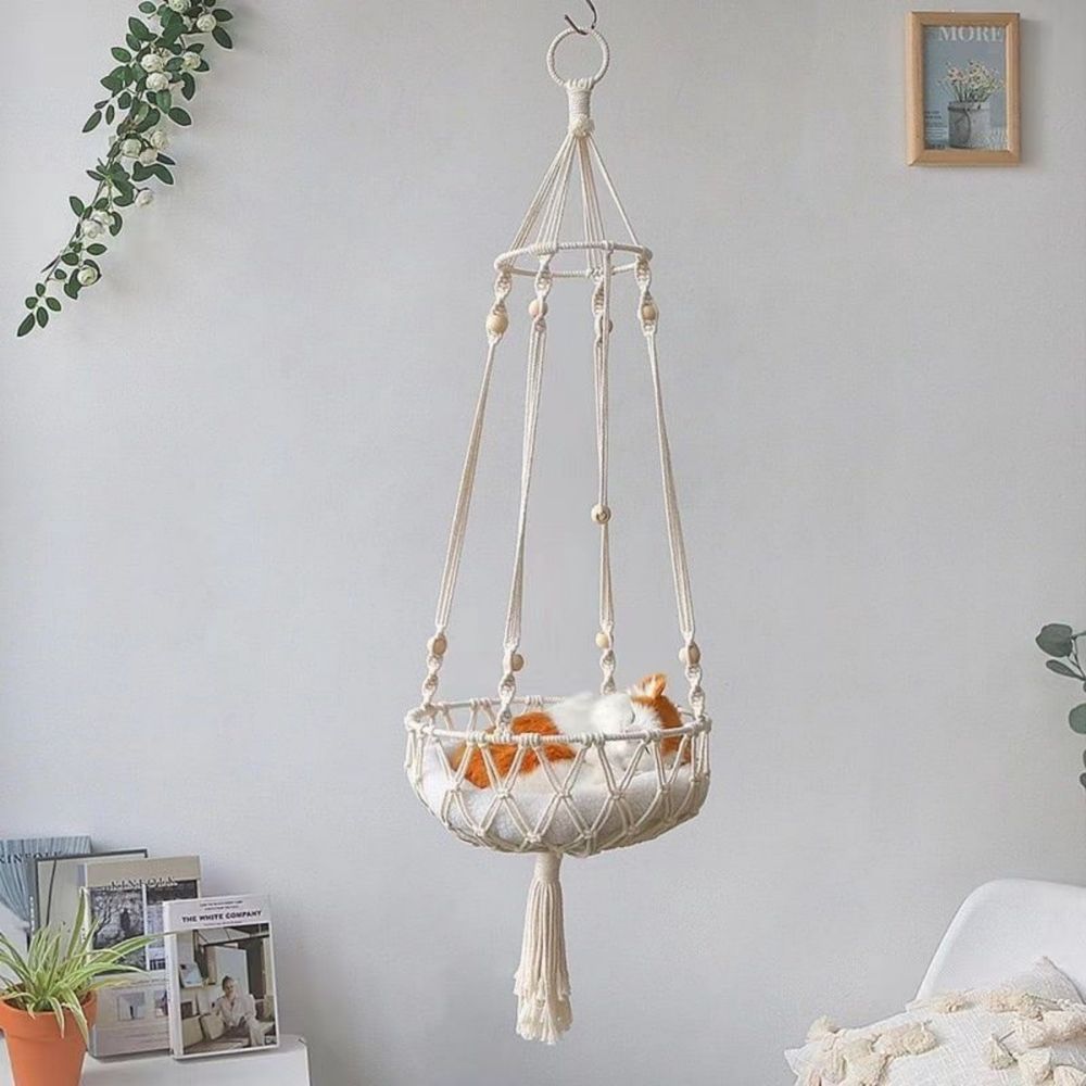 Additional product view: White Boho Macrame Hanging Cat Hammock with Tassels