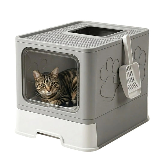 Product image: CARLA HOME Foldable Enclosed Cat Litter Box with Scoop - Grey - Plastic - Kitty Litter Tray